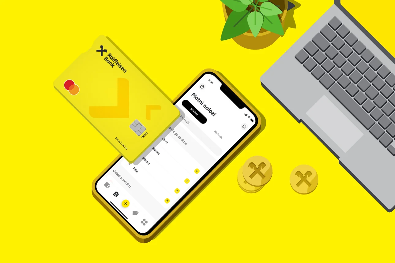 Žuta RBA Mastercard kartica pokraj laptopa pametnog telefona s mojaRBA aplikacijom 