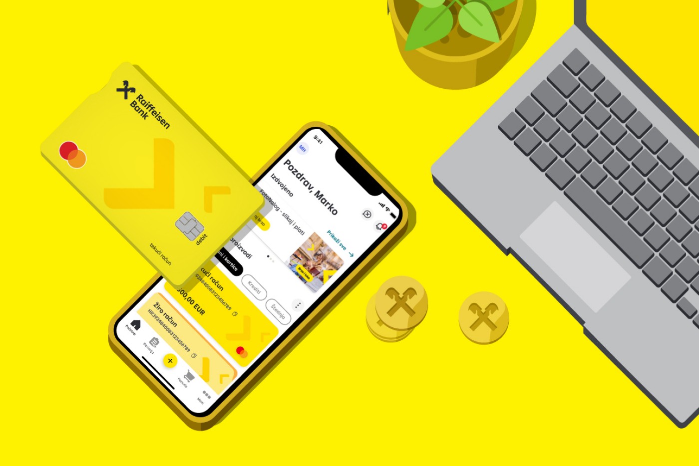 Žuta RBA Mastercard kartica pokraj laptopa pametnog telefona s mojaRBA aplikacijom 